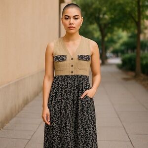 Women’s Vintage 90’s Floral Cotton Corduroy Midi Dress Spring Summer